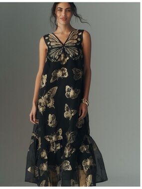 NWT Anthropologie Sleeveless Gold Butterfly Organza like Print Midi Dress, L